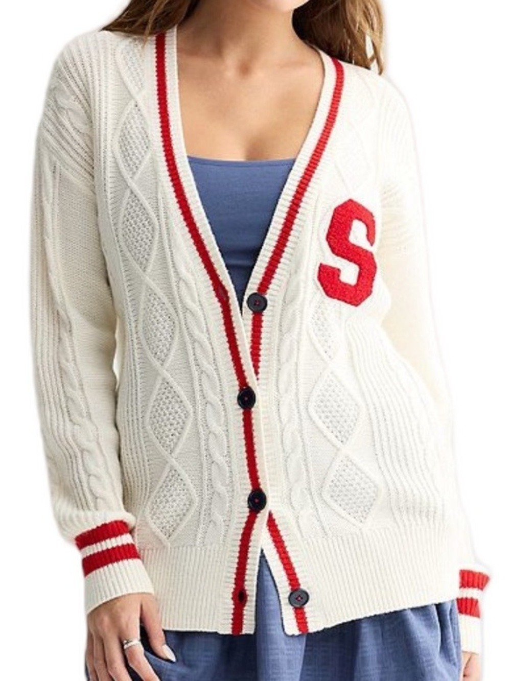 SO Brand Prep Button Front Cable Knit Collegiate Cardigan Sweater Sz Small
